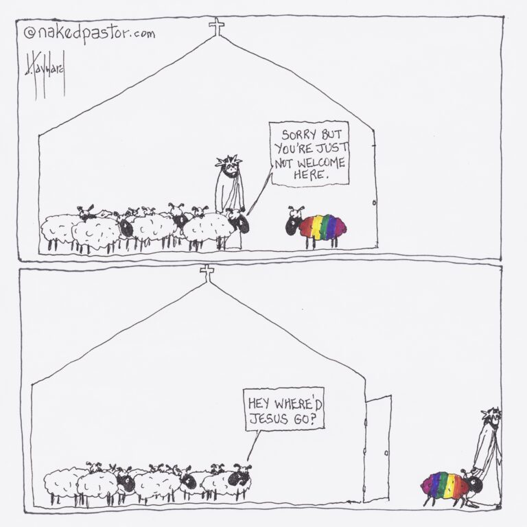 Panel 1: Ein weißes Schaf sagt zu einem LGBT-Schaf in der Kirche: Tut mir leid, aber du bist hier nicht wilkommen. Jesus steht dabei und schaut zu. Panel 2: Jesus und das LGBT-Schaf verlassen die Kirche. Das weiße Schaf sagt "Hey, wo ist den Jesus hingegangen?"