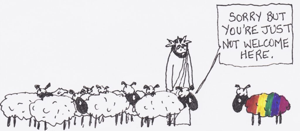 Ein weißes Schaf sagt zu einem LGBT-Schaf: Tut mir leid, aber du bist hier nicht wilkommen. Jesus steht dabei und schaut zu.